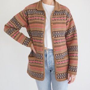 VTG Tabi International Brown Fair Isle Knit Button Front Wool Cardigan Preppy M